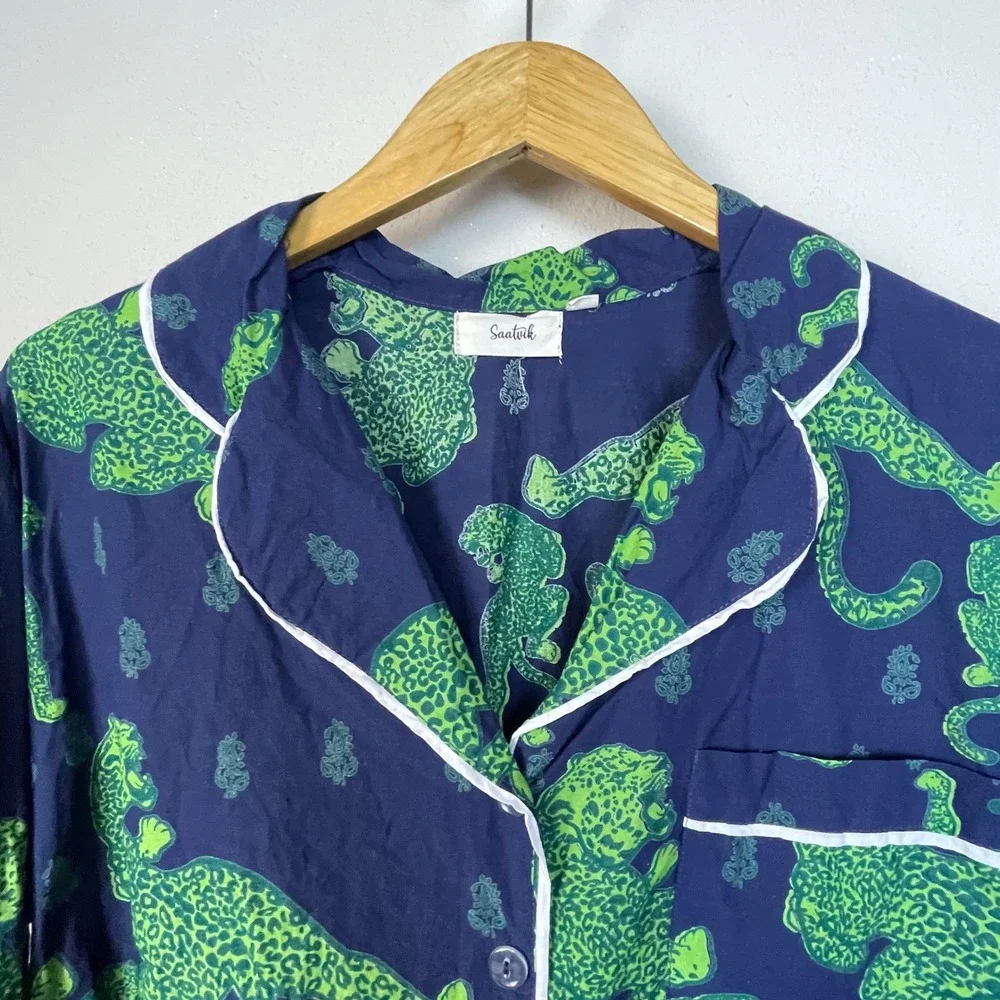 Saatvik Navy‎ Lounge Leopard Print Pajama Set Long Sleeve Pants Women's Sz L